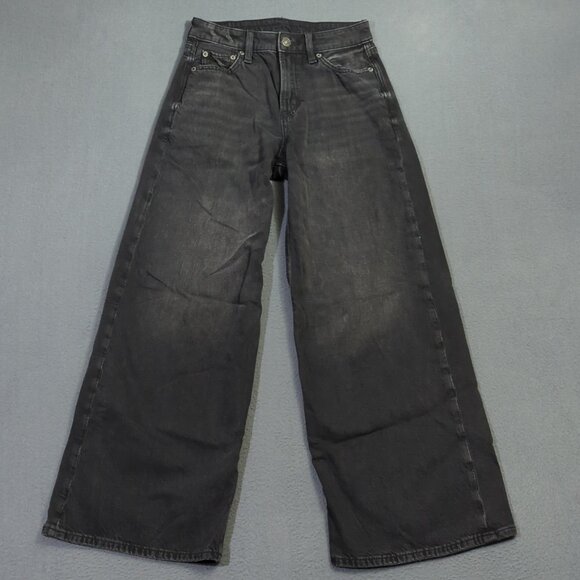 American Eagle Jean Women's 000 Short Black Super High Rise Ultra Wide Leg Denim - Picture 1 of 12